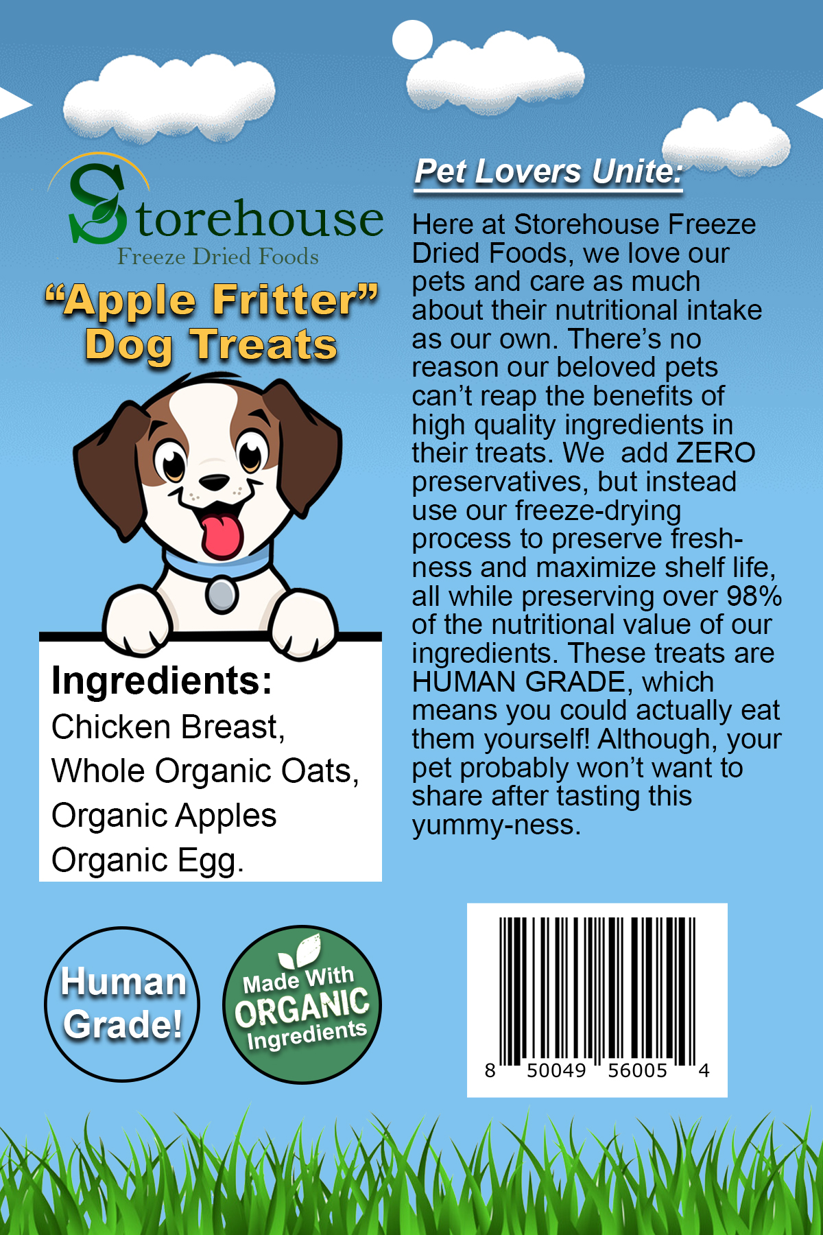 Storehouse Apple Fritter Dog Treats packaging with a cartoon dog, blue background, and grass at the bottom.