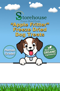 Storehouse Apple Fritter Freeze Dried Dog Treats packaging with a cartoon dog and blue sky background.