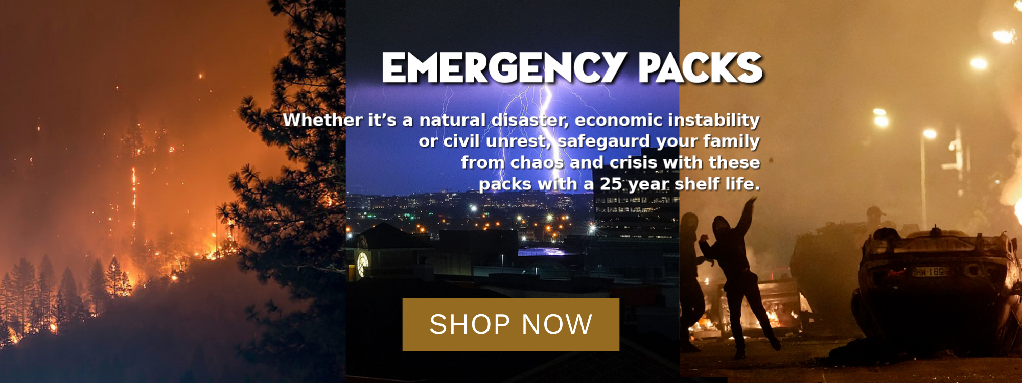 The image is an advertisement for "Emergency Packs" designed to safeguard families during crises like natural disasters, economic instability, or civil unrest.1621243260e1af0c20-0