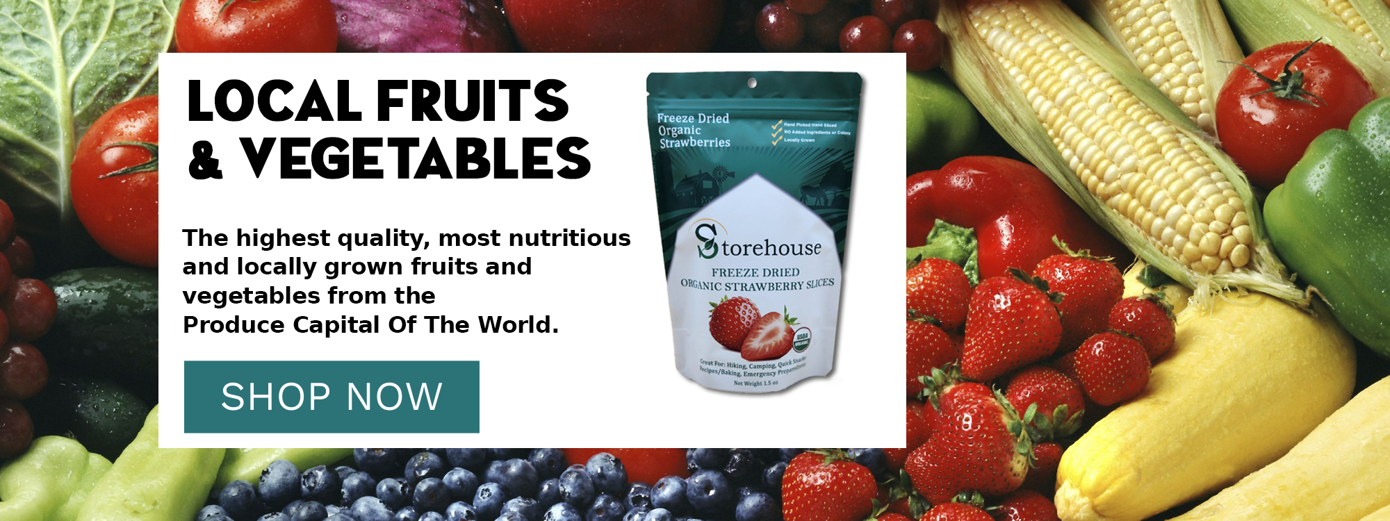 The image shows a bag of Storehouse Freeze Dried Organic Strawberry Slices.slider_item_M6Xwp7