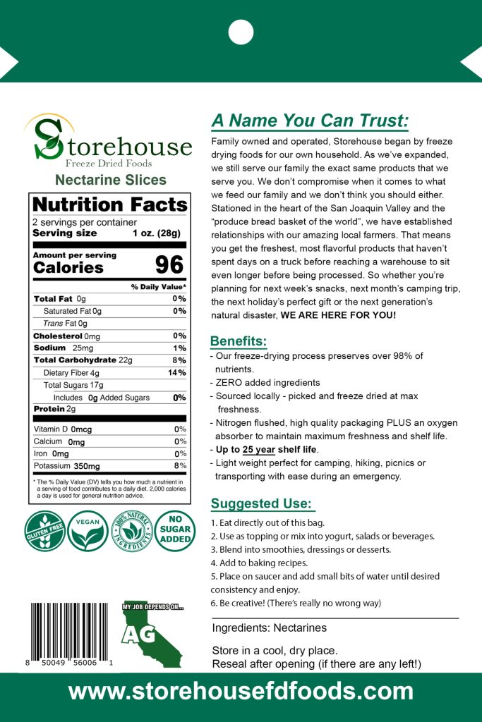 Nutrition facts label and product information for Storehouse Nectarine Slices on a green background.