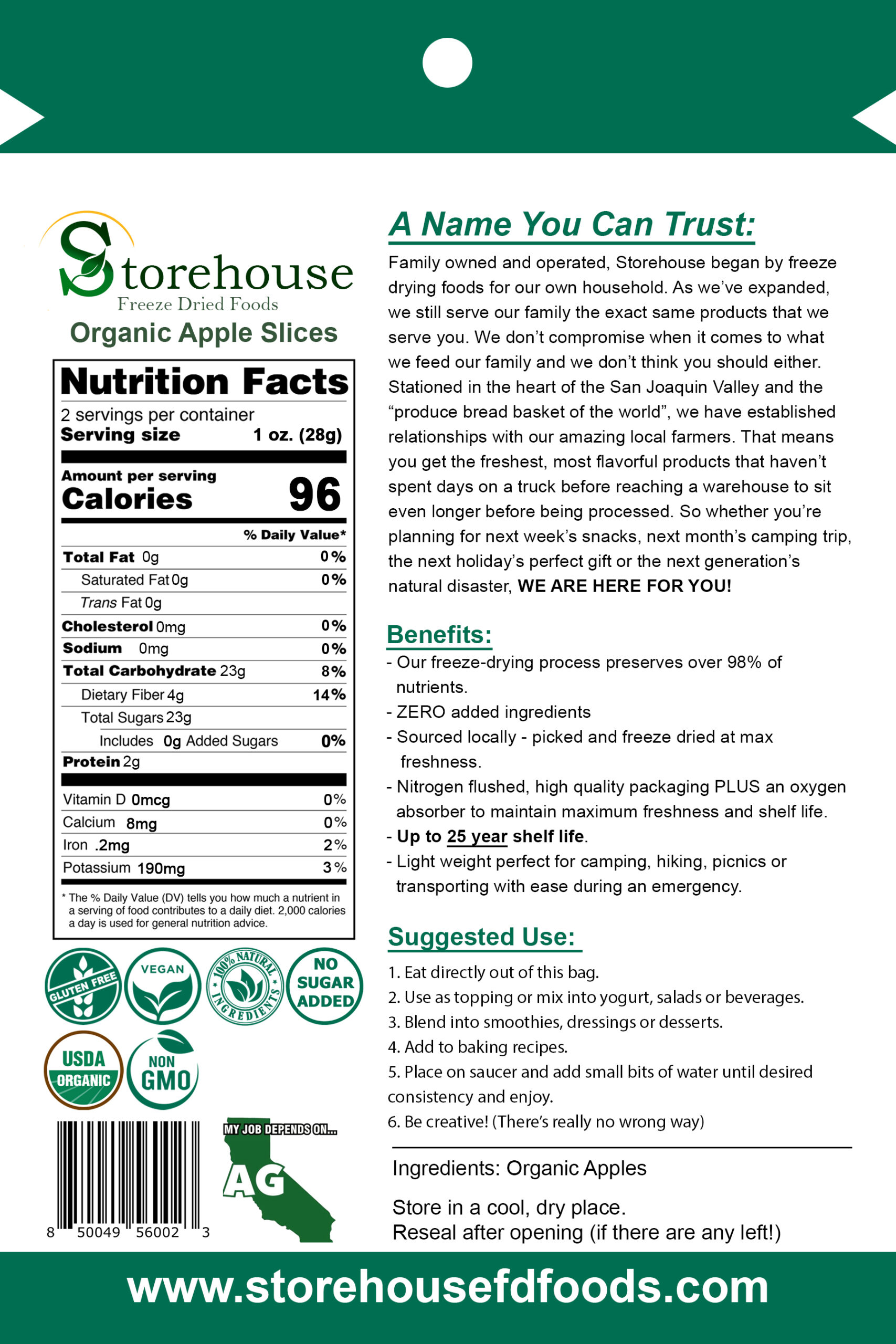 Back of a Storehouse Organic Apple Slices package with nutrition facts and product details.