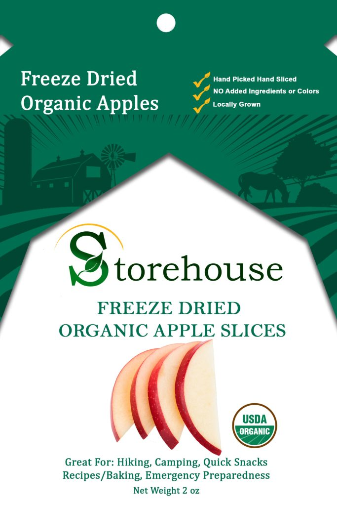 Storehouse freeze-dried organic apple slices packaging with green and white design.