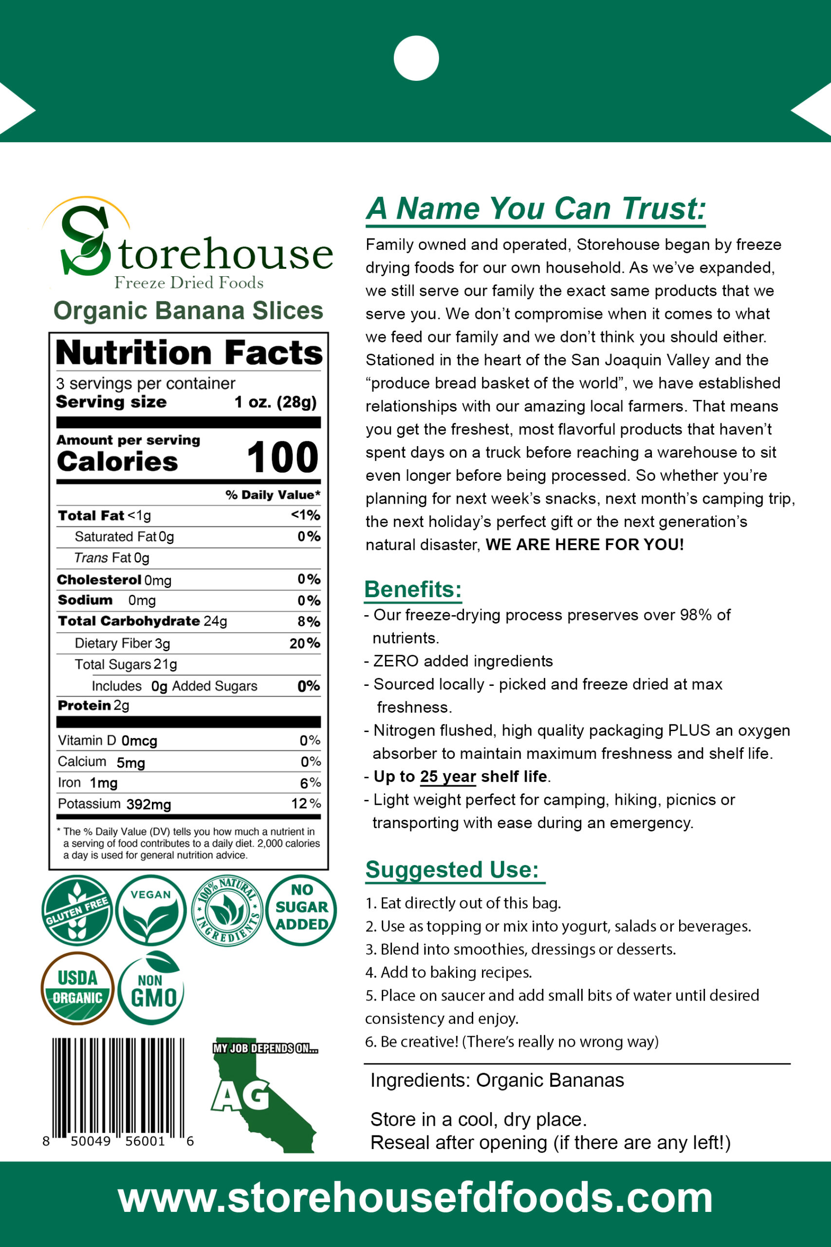 Nutrition facts label and description of Storehouse Organic Banana Slices packaging.