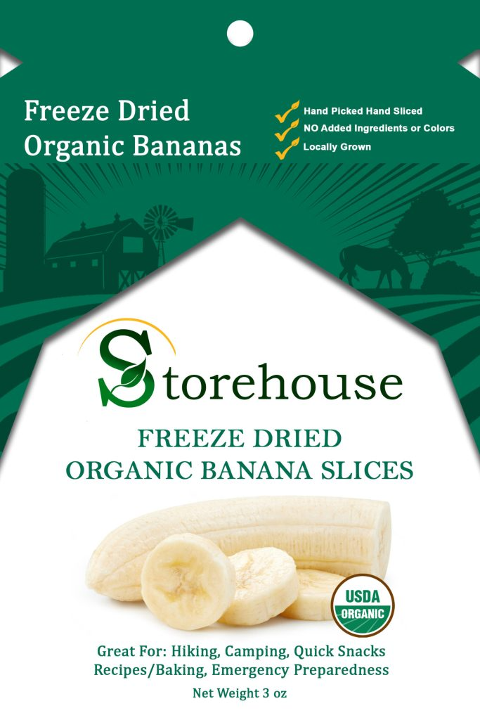 Storehouse freeze-dried organic banana slices packaging with green and white design.