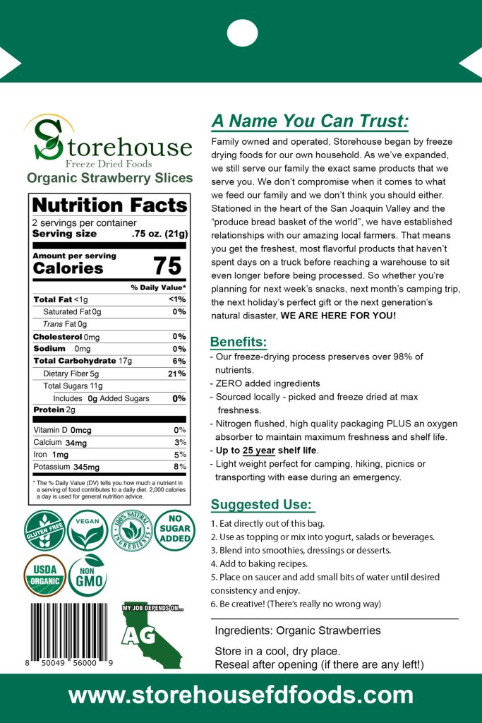 Nutrition facts label and product information for Storehouse Organic Strawberry Slices on a green background.