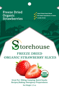 Storehouse freeze-dried organic strawberry slices packaging with strawberries on a green and white background.
