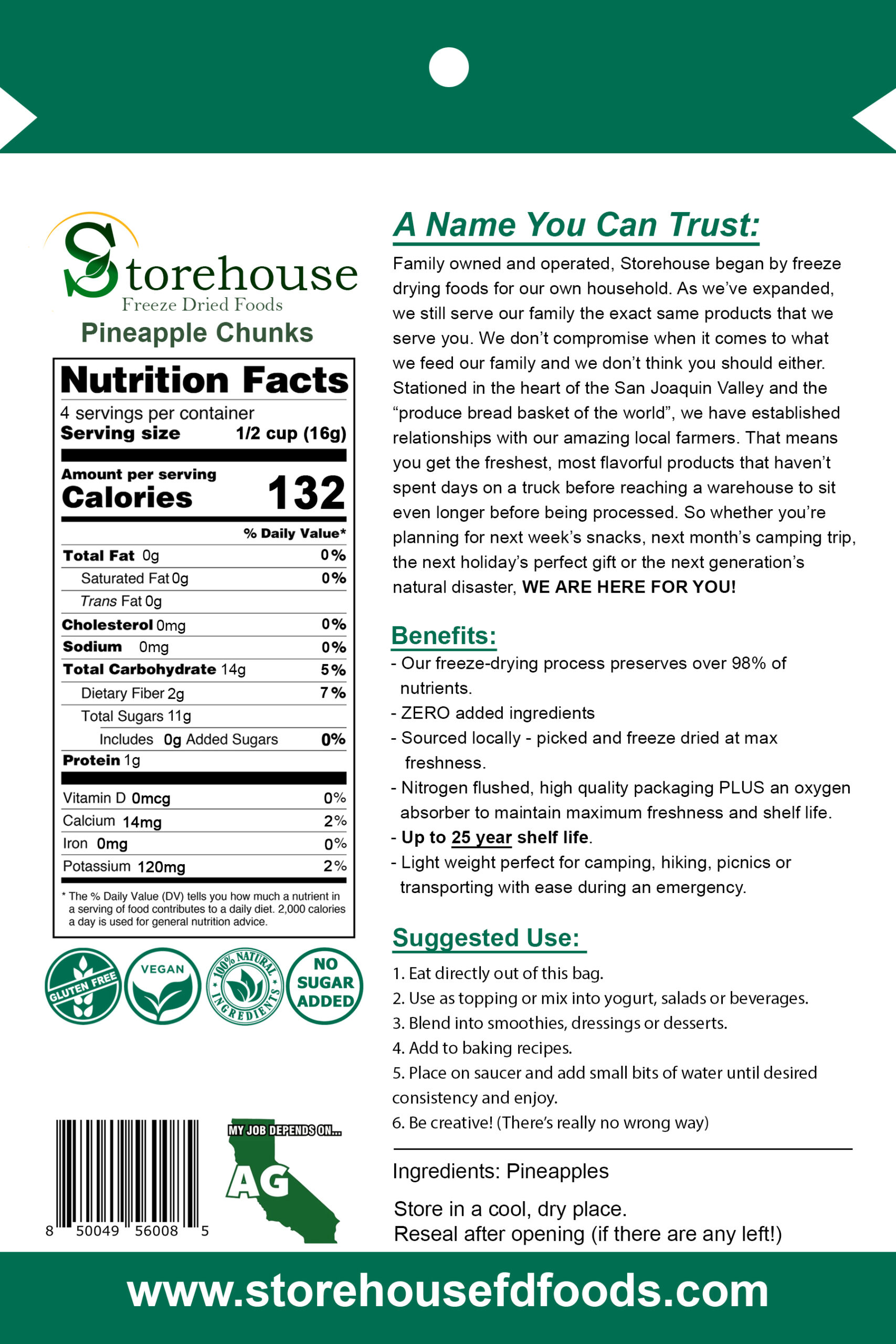 Storehouse Pineapple Chunks packaging with nutrition facts and usage instructions.