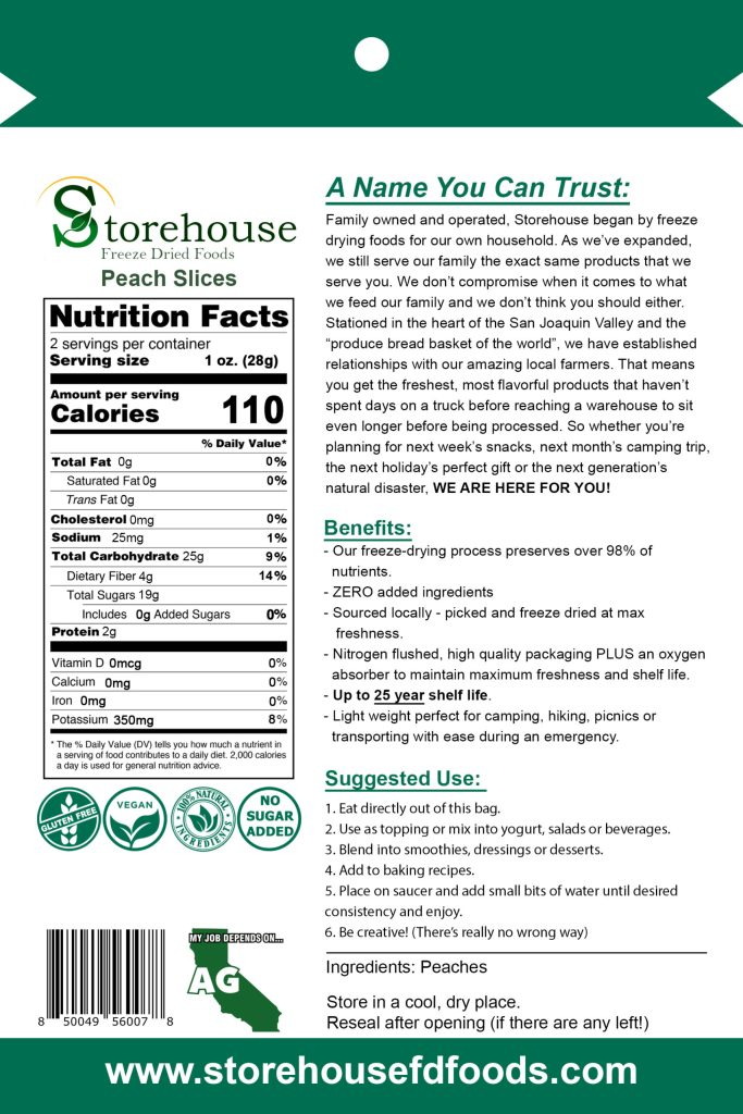Storehouse Peach Slices packaging with nutrition facts and product details.
