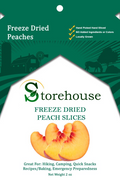 Storehouse freeze-dried peach slices packaging with green and white design.