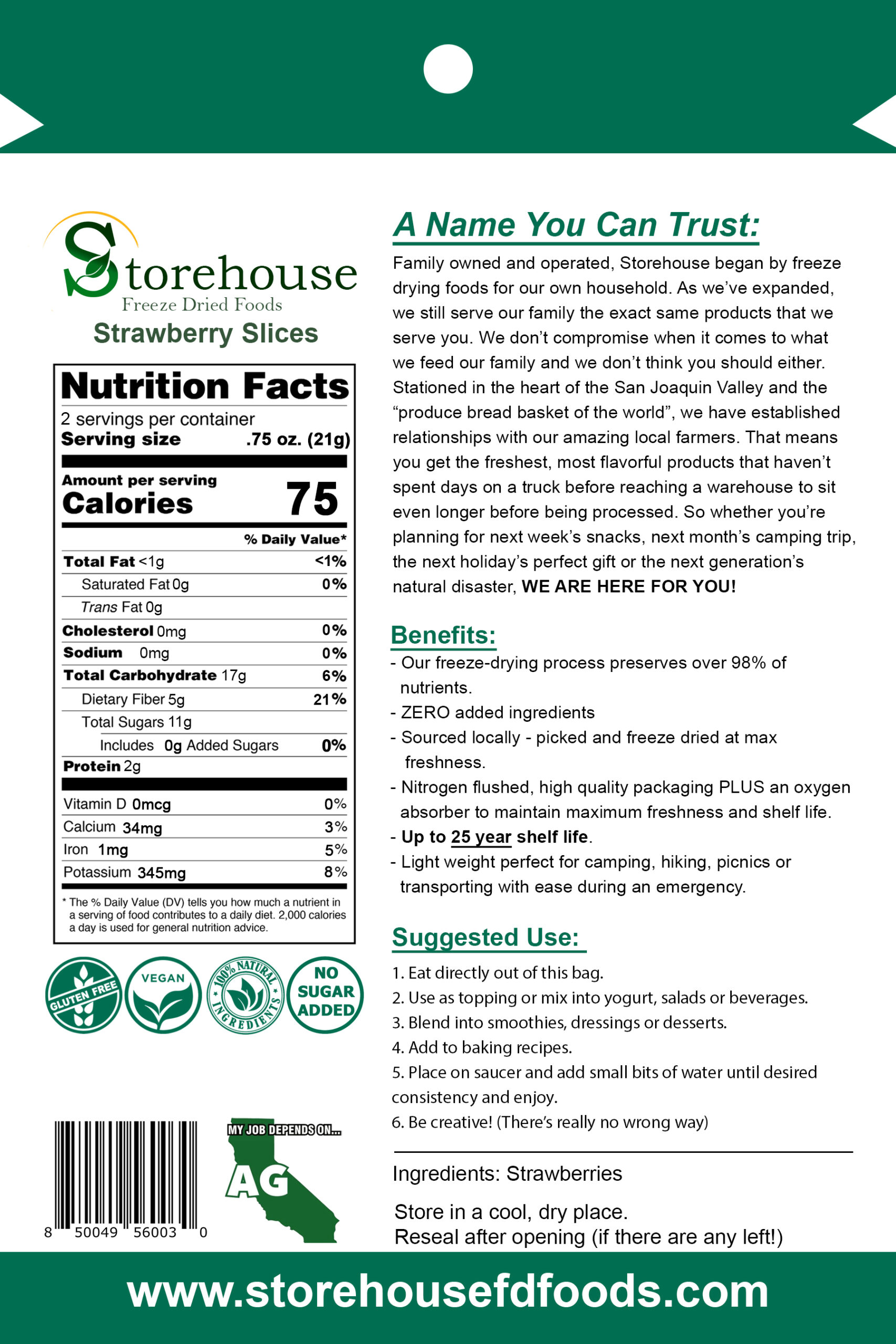 Nutrition facts label and product information for Storehouse Strawberry Slices on a green background.