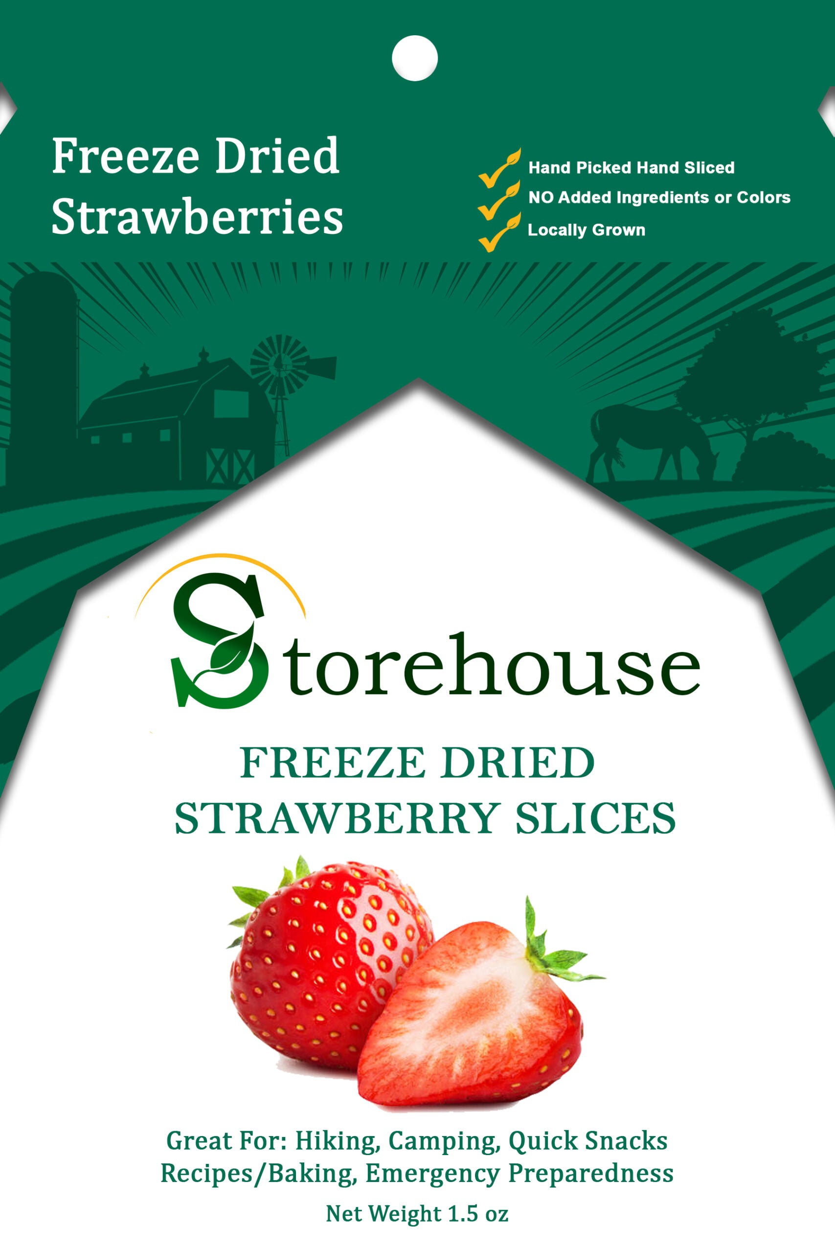 Storehouse freeze-dried strawberry slices packaging with a green and white design.