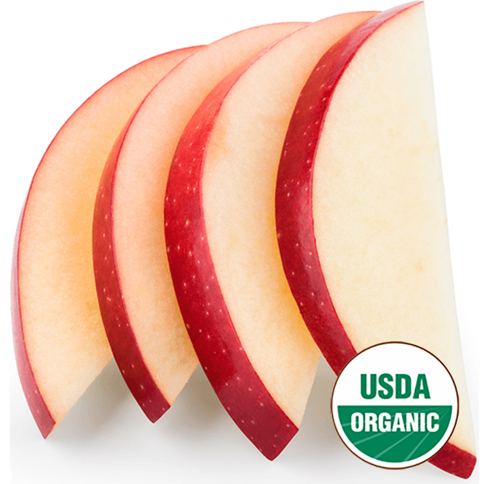 Sliced apple with USDA Organic label on a white background