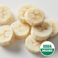 Sliced bananas on a white background with USDA Organic label