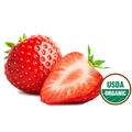 Strawberries with a sliced strawberry and USDA Organic logo on a white background